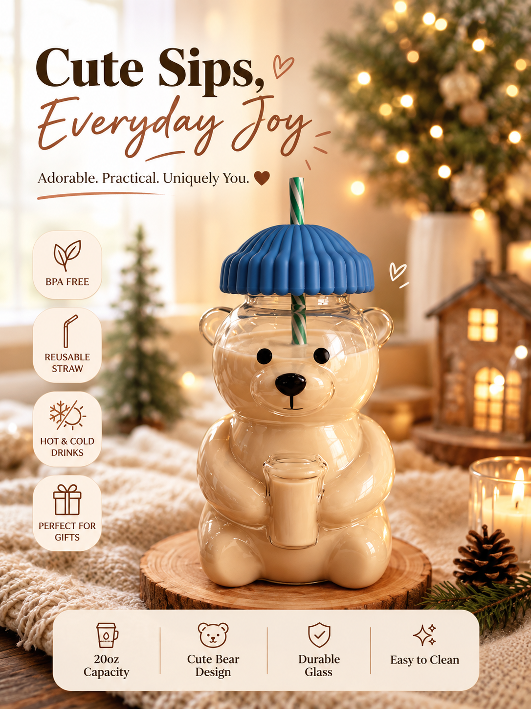Cute Bear Glass Tumbler with Straw & Lid
