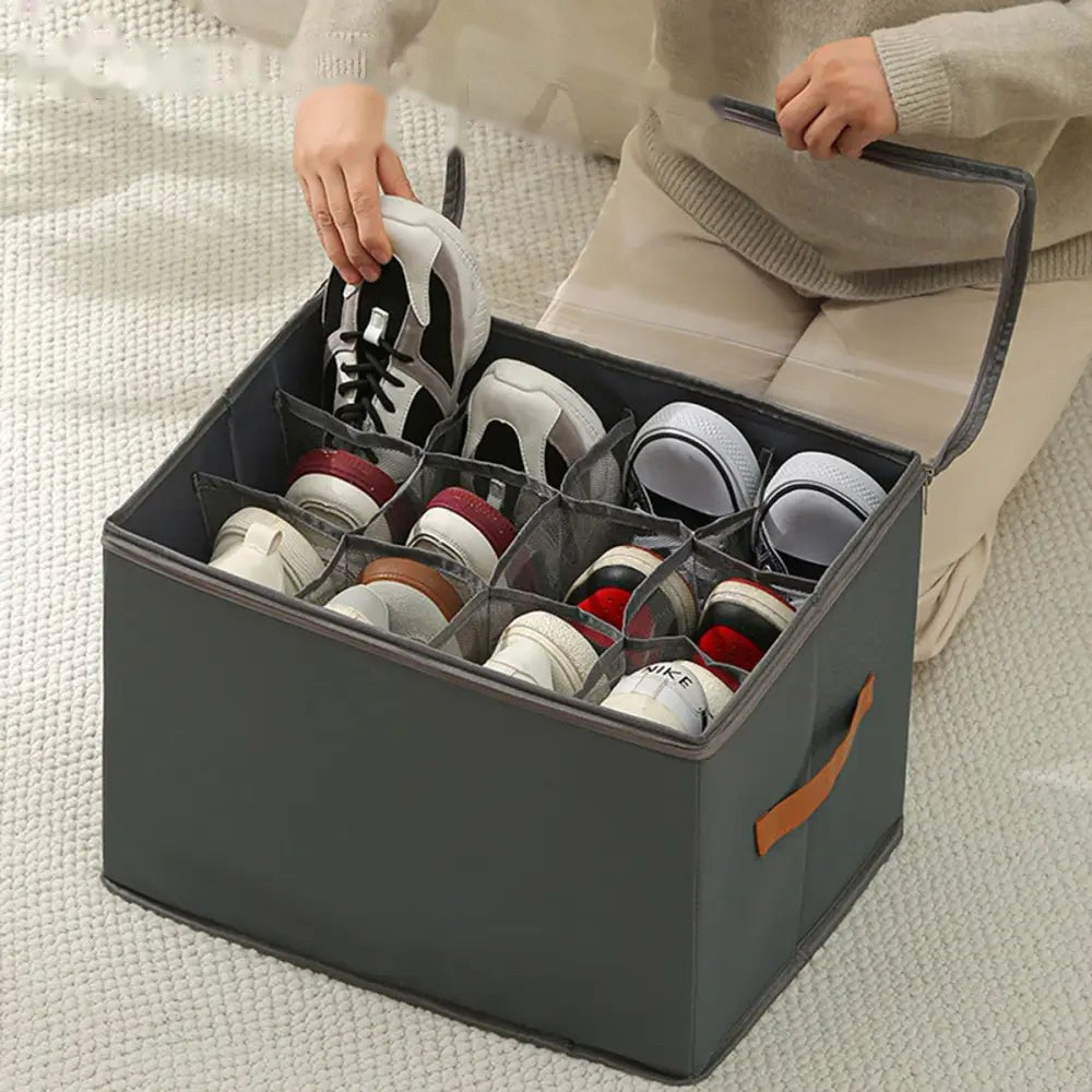 12-Grid Foldable Shoe Storage Box with Transparent Lid & Handles – Space-Saving Organizer for Sneakers, Heels & Sandals
