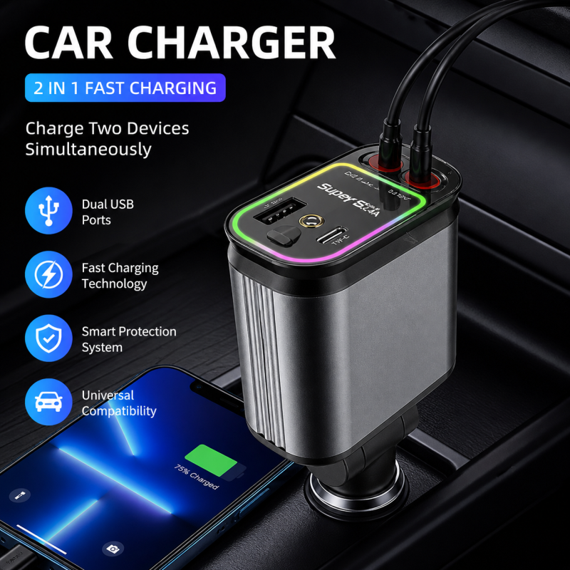 Retractable Car Charger with Starlight, 4 in 1 Fast Charging