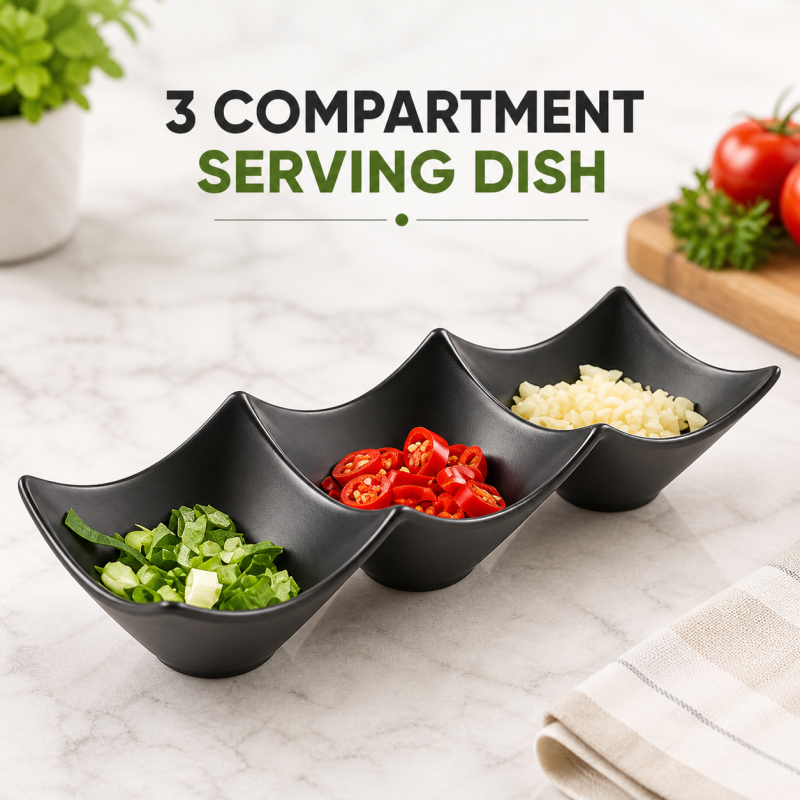Three Compartment Dip Sauce Tray | Multi-Section Snack & Condiment Dish | Elegant Serving Plate for Kitchen & Dining