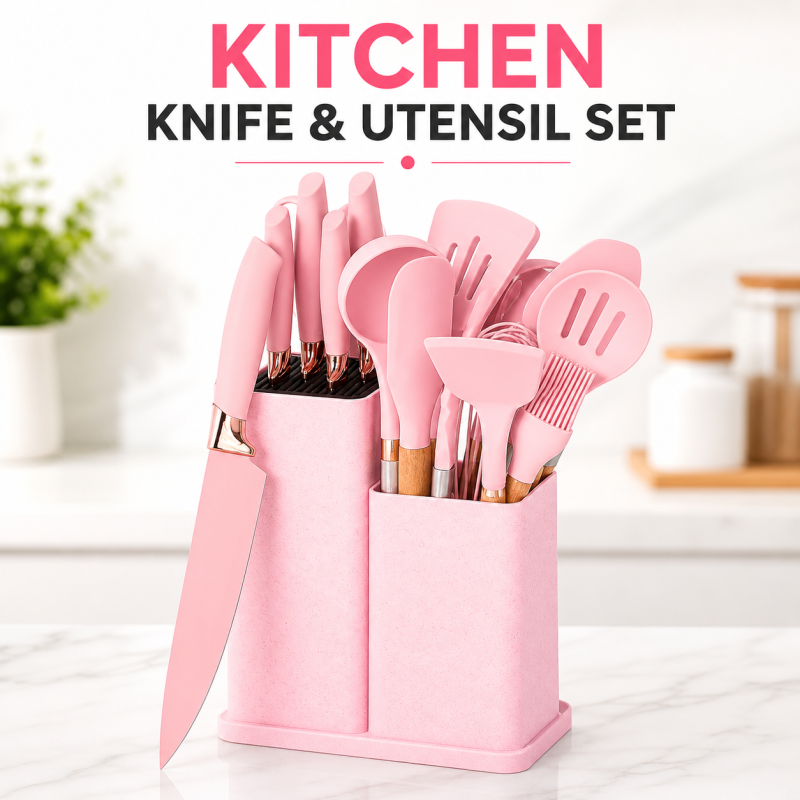 19-Pcs Kitchen Cooking Utensils & Knife Set with Block Holder & Cutting Board
