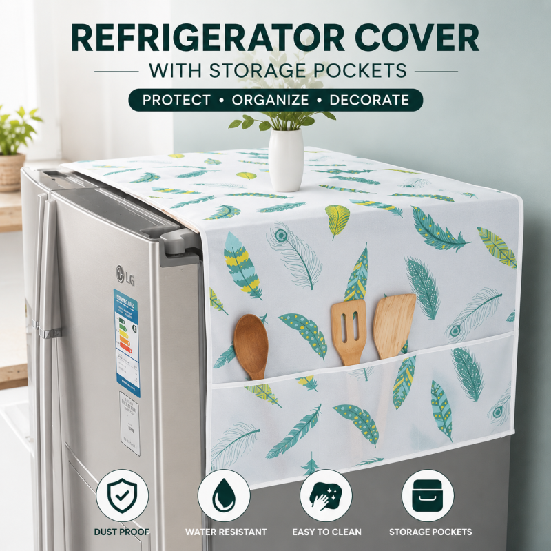 Printed Fridge Dust Cover Waterproof Refrigerator Dustproof Cover with 6 Pocket Household Freezer (High quality)