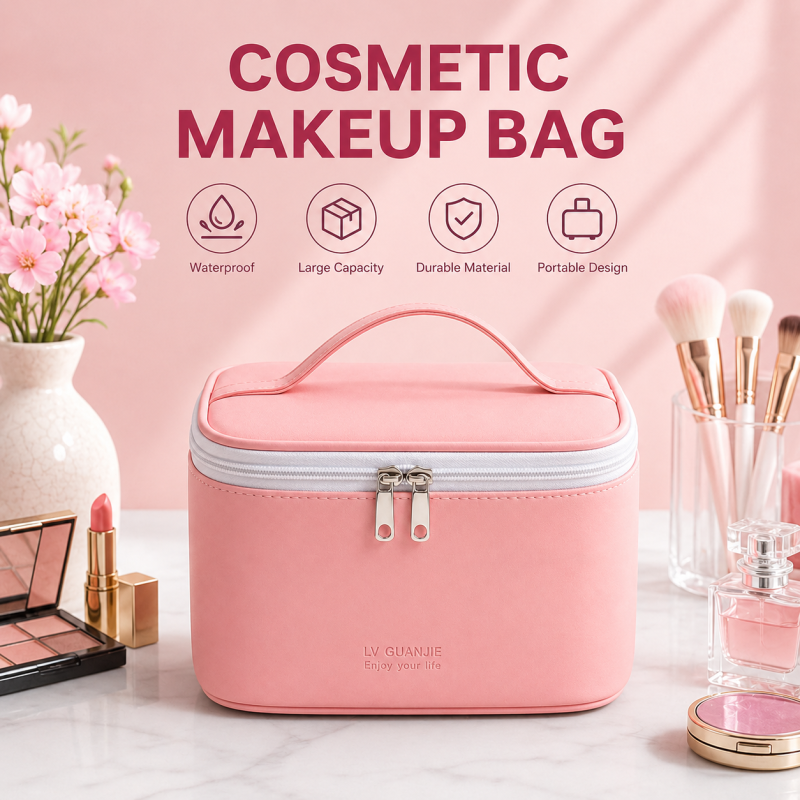 Leather Cosmetic Handbag Makeup Organizer,Large Capacity Travel Makeup Bag