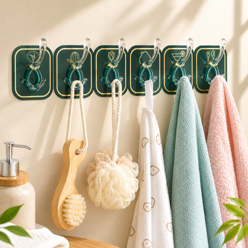 Self Adhesive Key Hooks Wall Hook Rack Wall Mounted 6 Hooks Coat Hanger