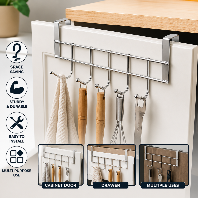New Silver Stainless Steel Five-Hook Cabinet Door Back By Hanger Towel Hooks