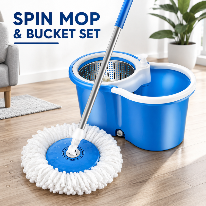 Spin Mop - Easy Spin Magic Mop Set - 360 Degree Microfiber Mop Head Home Clean Tool (Steel)