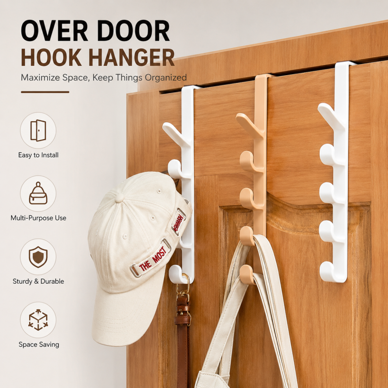 Door Hook Hanger | 5-Hook Plastic Door Organizer Rack | Coat, Hat, Bag, Scarf Hanger | Space-Saving Home & Dorm Room Essential