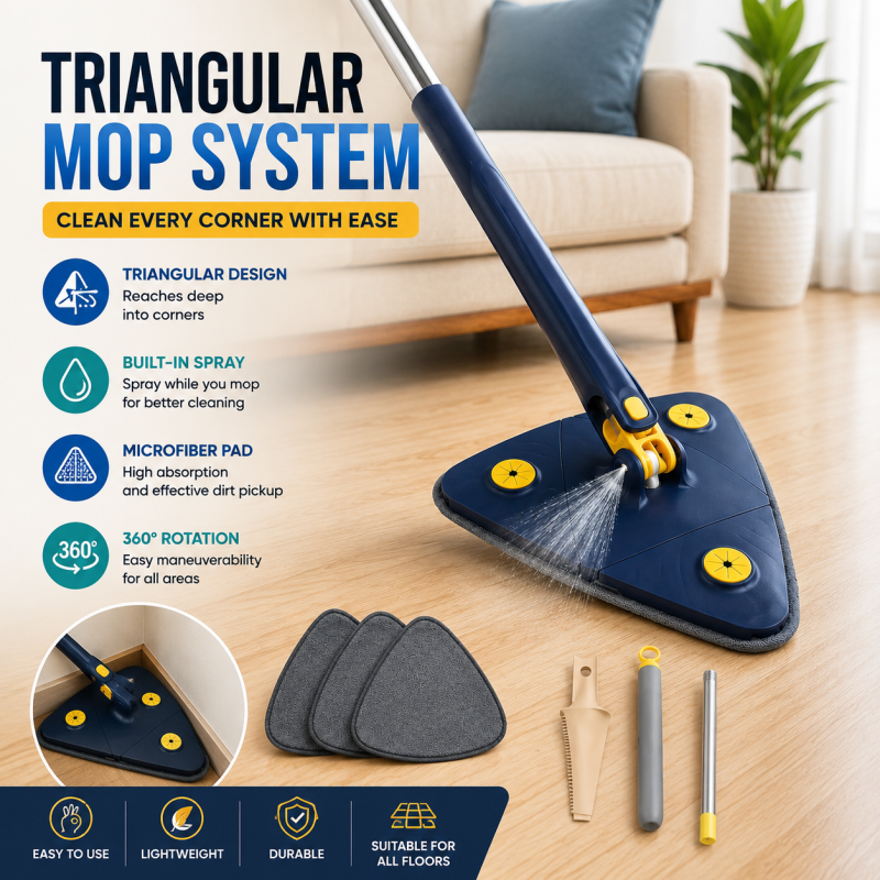 Professional Triangle Mop 360 Rotatable Adjustable Cleaning Mop for Tub/ Tile/ Floor/ Handle Reusable Spin Mop