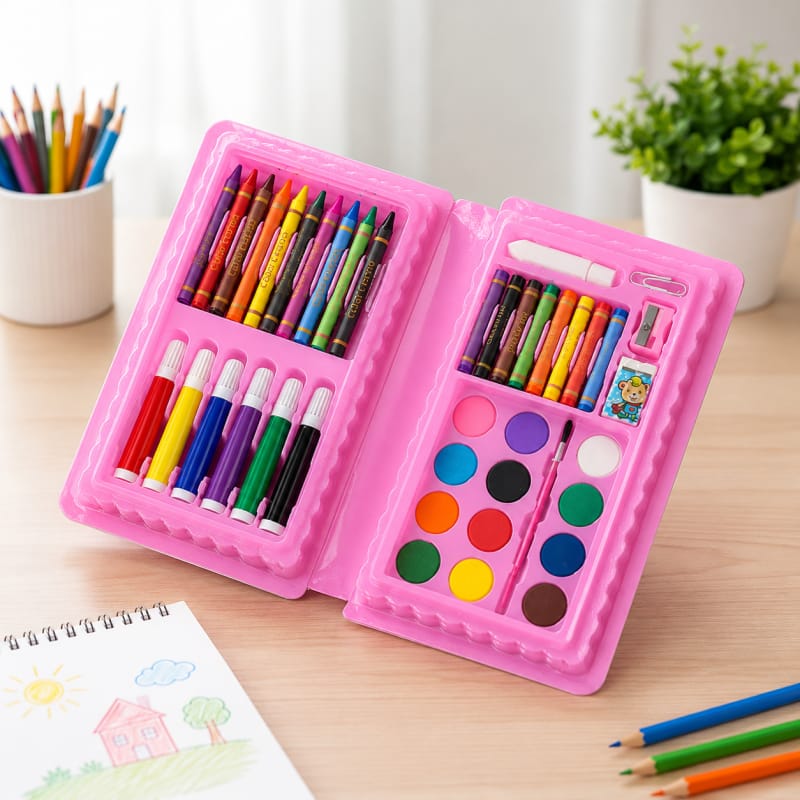 Kids 42 PCS Art & Craft Kit for Boys & Girls | Drawing Set with Sketch Pens, Crayons, Oil Pastels, Colour Pencils & Water Colours | Includes Brush, Glue, Sharpener & Eraser (Pink) for School Use Gift