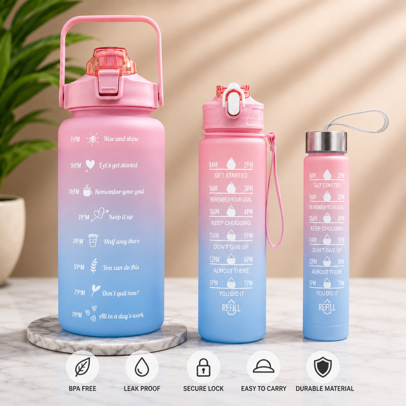 Set of 3 Water Bottles for Sports Gym Office and Home