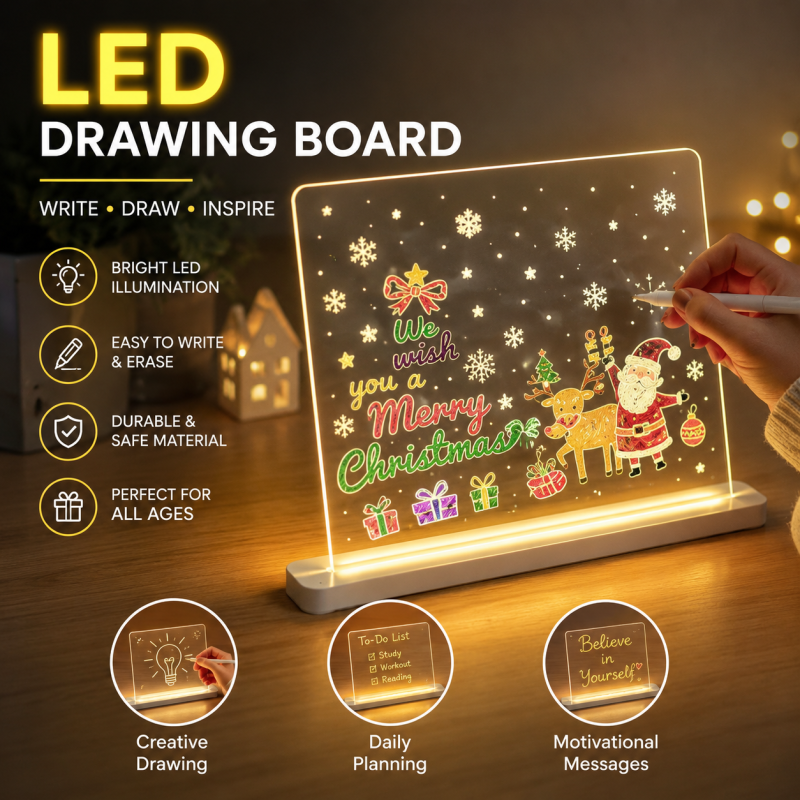 LED Message Board | Clear Acrylic Whiteboard | With 12 Colours Pens and Adjustable Folding Stand, Bright Acrylic Dry Erase | For Adults Comple (Big Size: 20×20 )