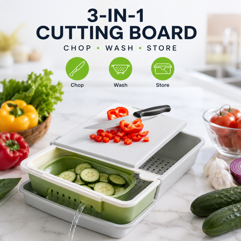 3-in-1 Cutting Board Flipable Chopping Sheet with Drainage Basket Easy to Collect & Drain Food for Different Food Uses