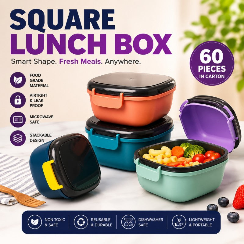 Square Airtight Lunch Box with Spoon – 700ml Lock Lid Food Container