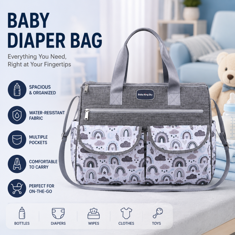 Carry Everything Your Baby Needs in Style Designed for modern moms, this spacious and multi-pocket baby diaper bag keeps essentials organized while adding a touch of elegance to your everyday outings. Available in Pink, Blue, and Gray to matchour