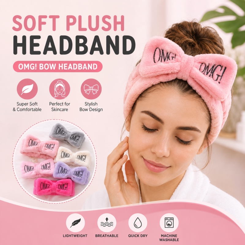 OMG Letters Bow Facial Hairbands for Women Girls, Coral Fleece Makeup Headband, Wash Face Headwear, Hair Accessories