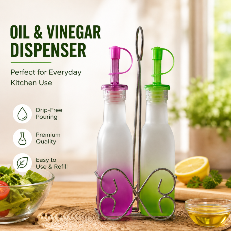 Elevate your kitchen with elegance and functionality. A premium glass oil & vinegar dispenser set designed to keep your favorite seasonings fresh while adding a modern touch to your dining space