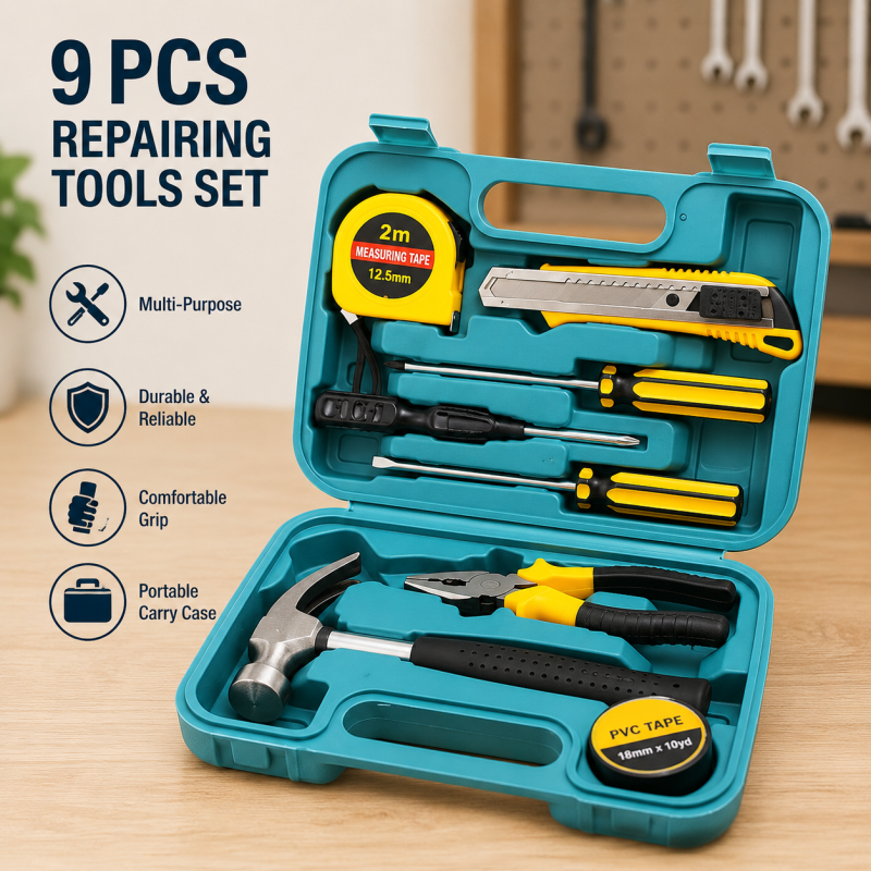 9 PCS Professional Tool Set with Storage Box | YL-8009A Model | Durable Home Repair & DIY Toolkit | Organized Plastic Storage Box