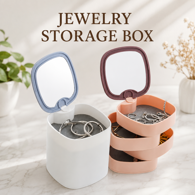 4 Layer Storage with Mirror Rotating Jewelry Box Cosmetics Tray Organizer for Necklace Bracelet Ring