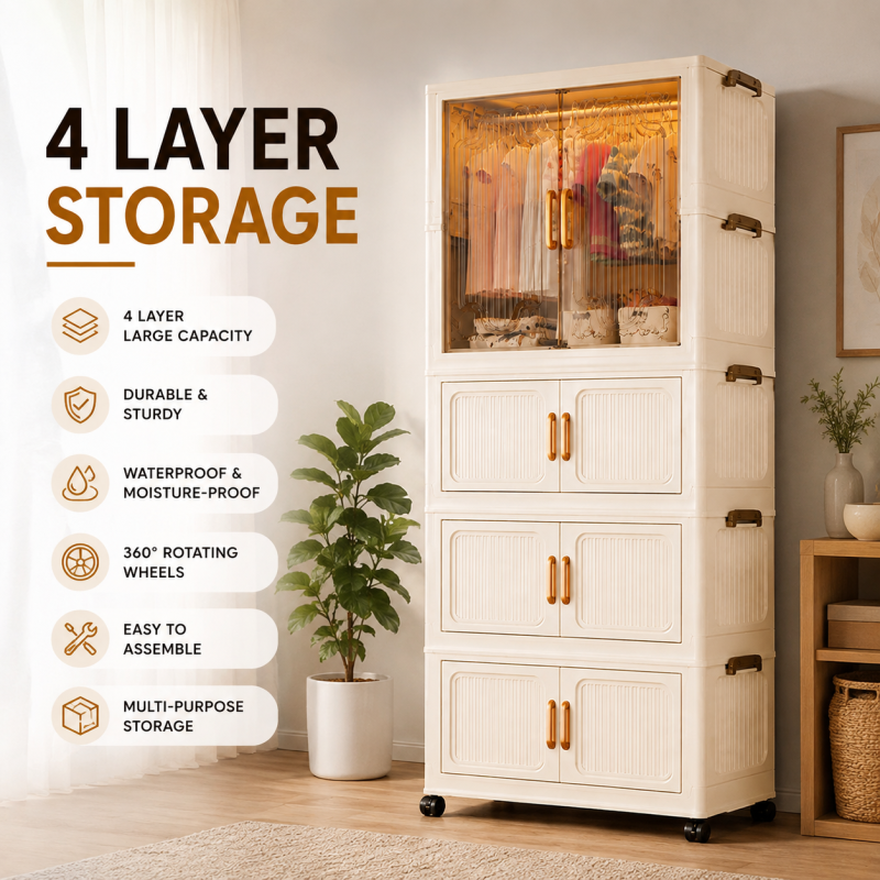Premium Modular Plastic Wardrobe Foldable Clothes Storage Cabinet 4 Layer