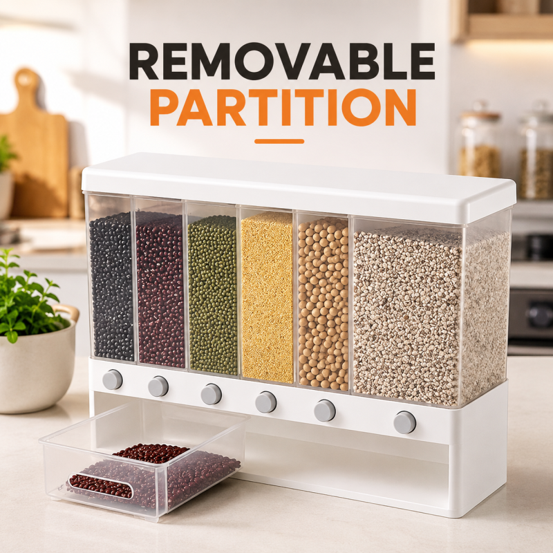 6-in-1 Wall-Mounted Dry Food Dispenser | 6-Grid Cereal, Rice & Grain Storage Container for Kitchen Organization