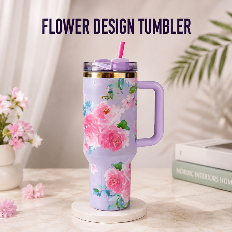 Stainless Steel Flower Design Tumbler With Lid, Vacuum Insulated Car Mug, Thermal Iced Bottle 1200ml
