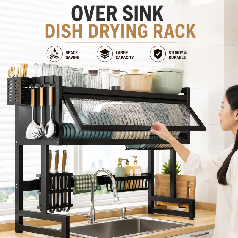 Large Capacity Carbon Steel Kitchen Accessories Storage Rack Dish & Bowl Dishwashing Sink Draining Rack for Flip Cover Tableware