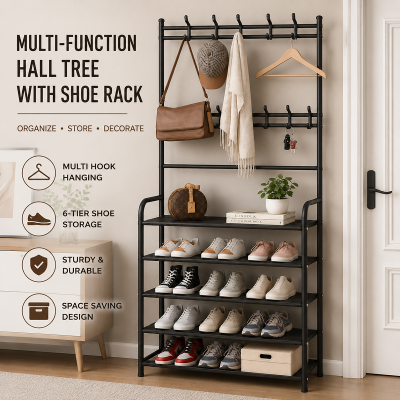 5-Tier Coat and Shoe Rack with Storage Shelf & Hooks – Freestanding Organizer for Entryway & Bedroom