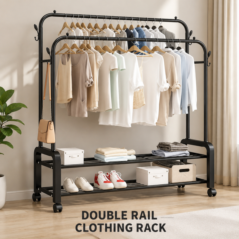 Clothes Rack With Shoe Shelf, Coat Display Stand With 4 Wheels For Bedroom