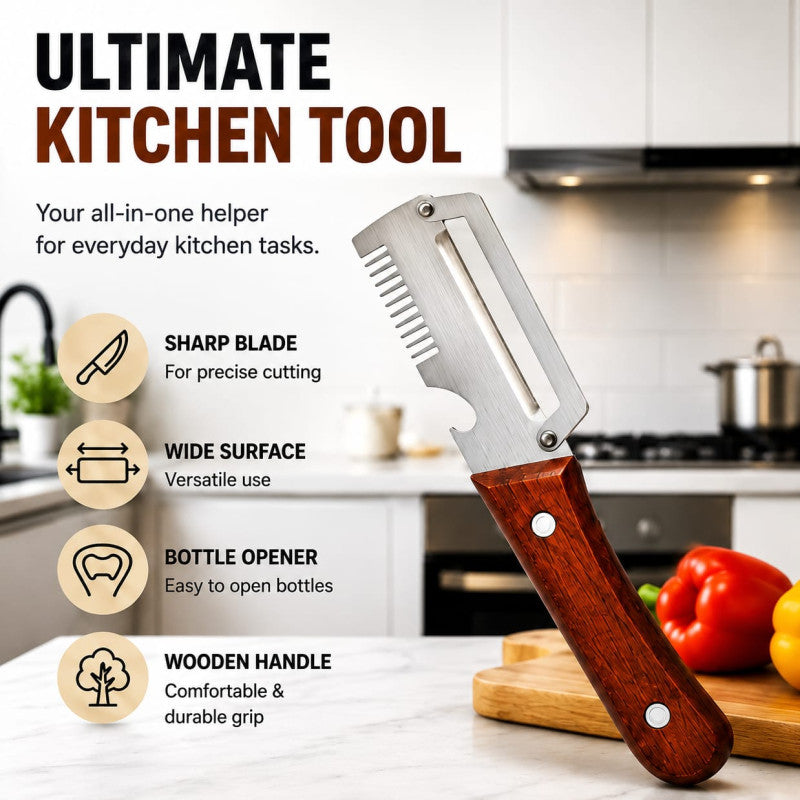 3-in-1 Stainless Steel Vegetable Peeler with Wooden Handle Fruit Potato Peeler with Bottle Opener Kitchen Peeling Cooking Tools