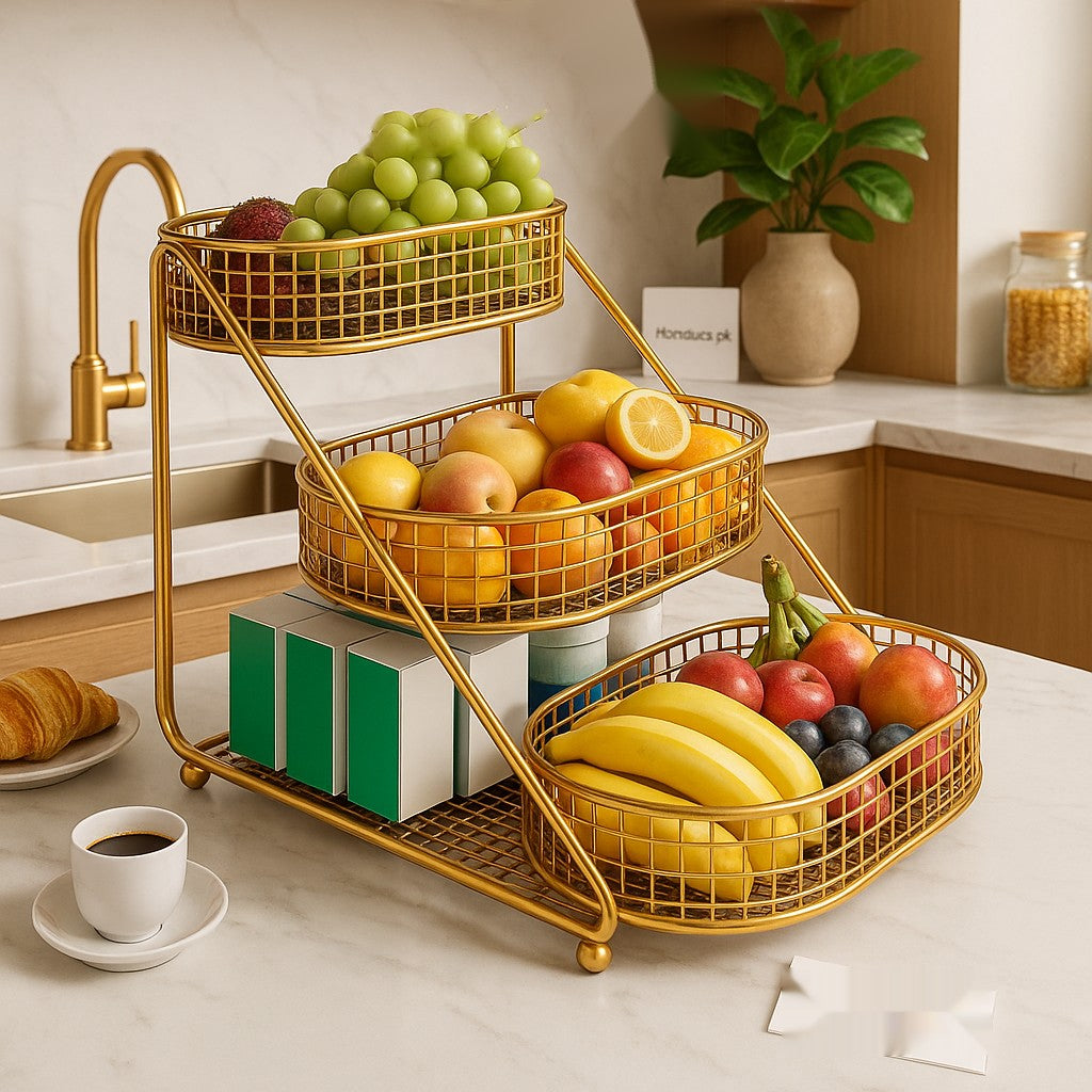 3-Tier Gold Metal Fruit Basket Stand – Luxury Kitchen & Countertop Storage Organizer