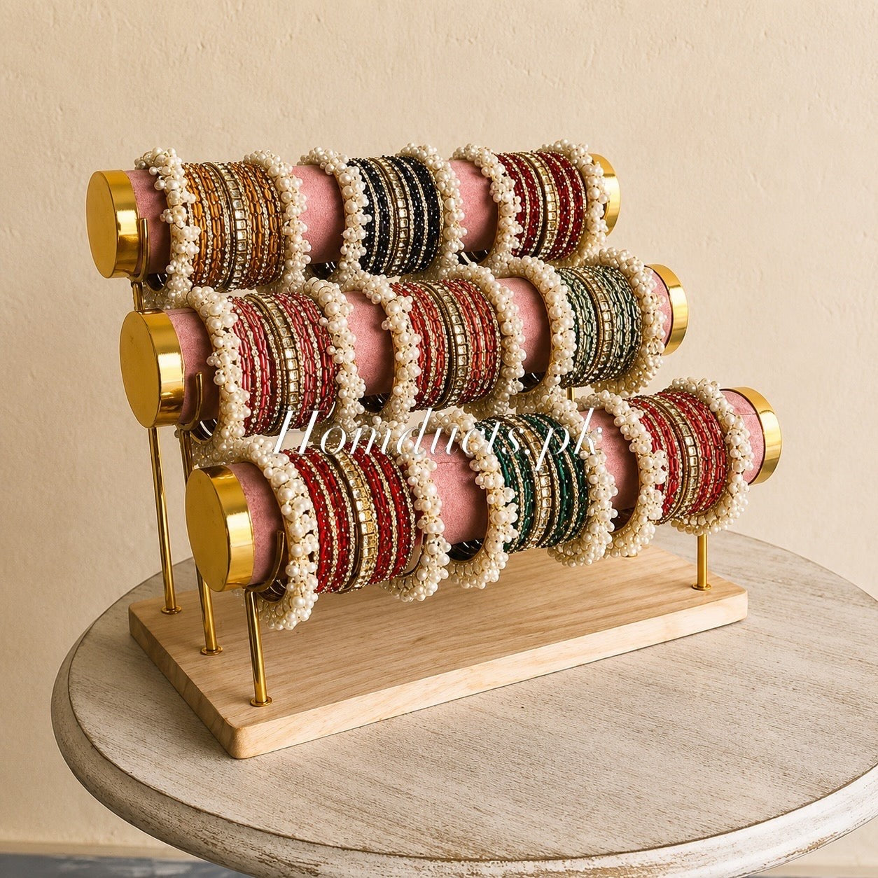 3-Tier Velvet Bracelet & Bangle Display Stand – Elegant Jewelry Organizer with Gold Accents & Wooden Base