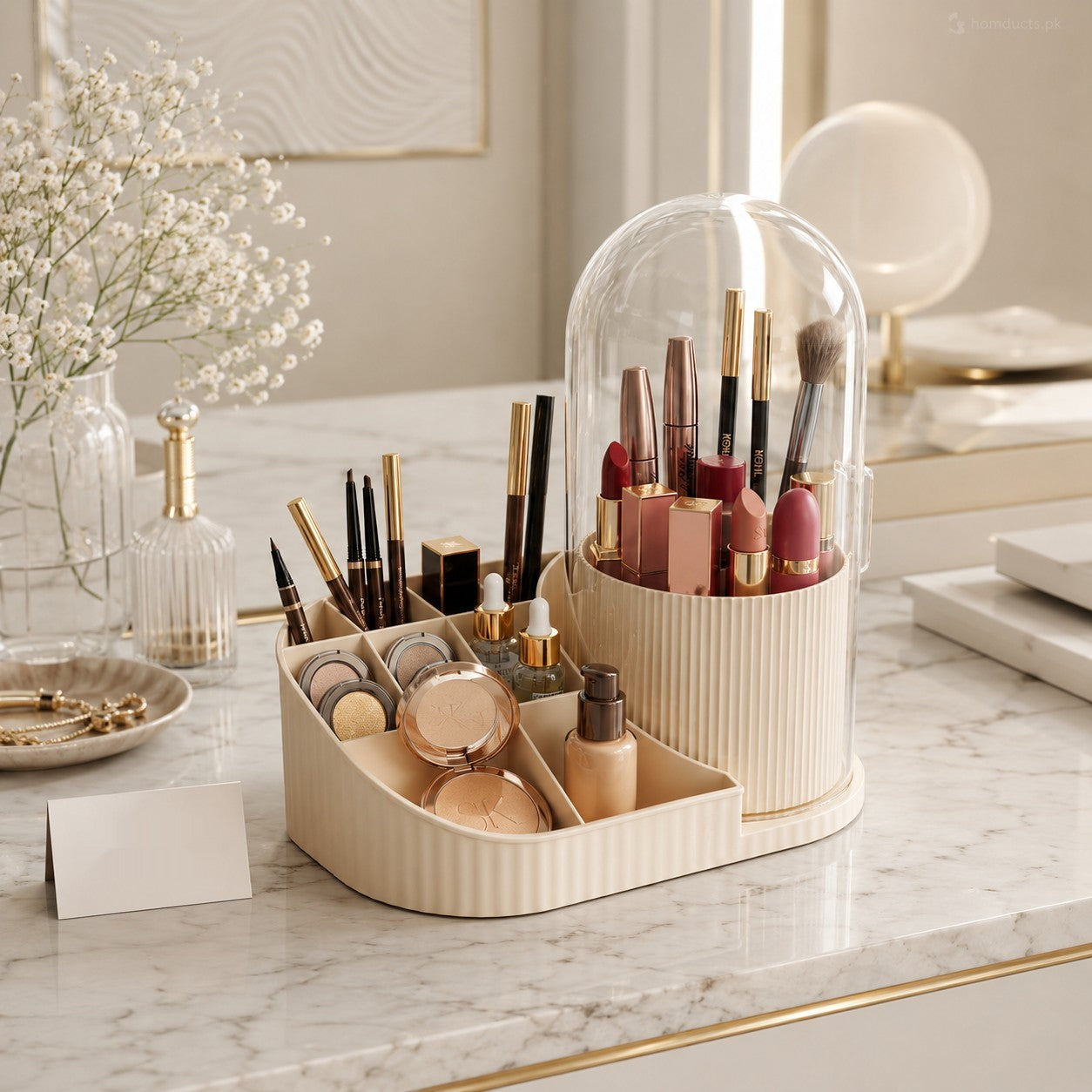 360° Dustproof Makeup Organizer with Transparent Cover | Luxury Cosmetic & Brush Storage Holder