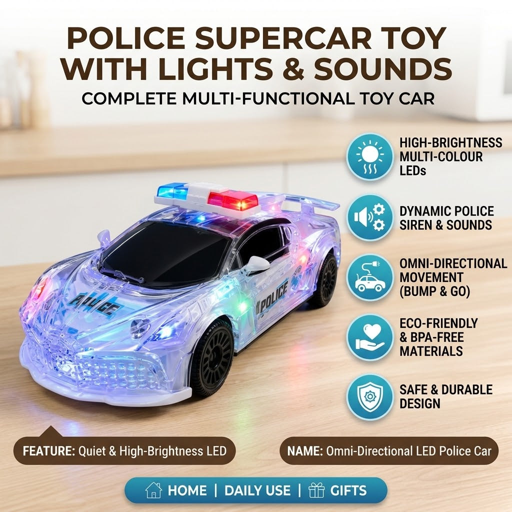 Mini Police Car Toy – Battery Operated Car with Alarm Lights, Music & Auto Turning
