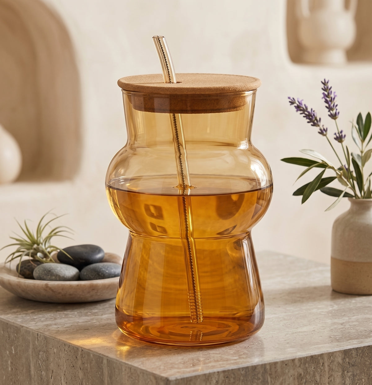 Amber Hourglass Glass Cup with Lid & Straw – Reusable Drinking Glass with Cleaning Brush