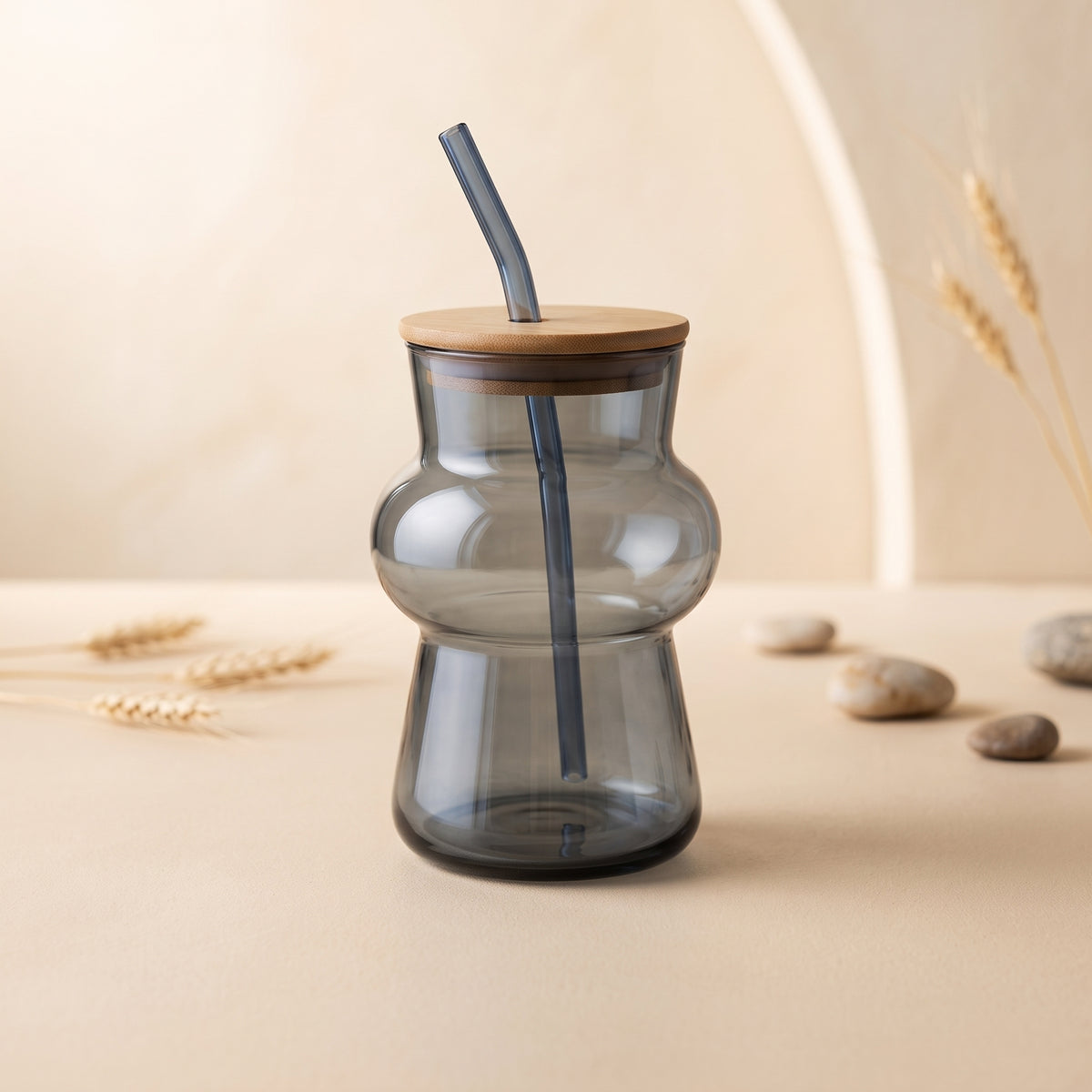 Smoke Grey Glass Bottle with Bamboo Lid & Glass Straw – Hourglass Reusable Drinkware