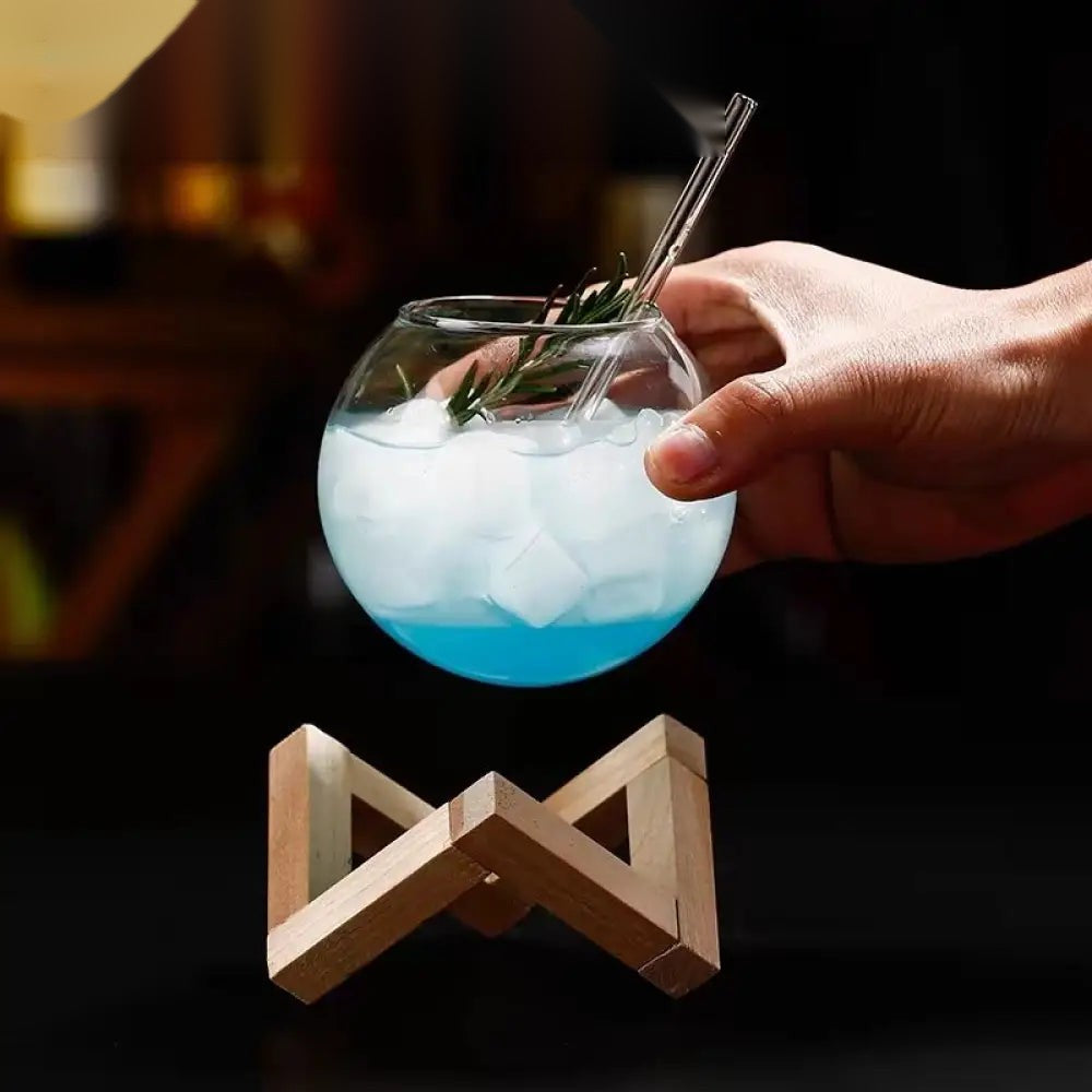 Wooden Stand Round Glass Tumbler - Elegant Cocktail Glassware