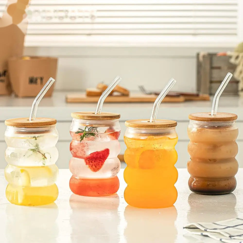 Curvy Glass Tumbler Set with Bamboo Lids & Glass Straws – Aesthetic Iced Coffee & Juice Cups