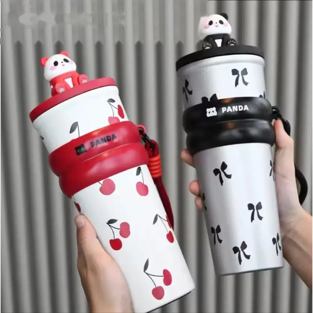 Cute Panda Travel Tumbler with Straw – Leak-Proof Portable Cup with Cherry & Bow Design