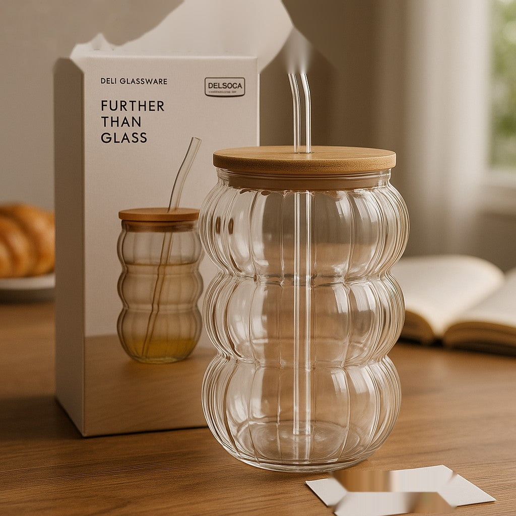 Delisoga Bubble Wave Glass Cup with Bamboo Lid & Glass Straw – Premium Transparent Drinkware