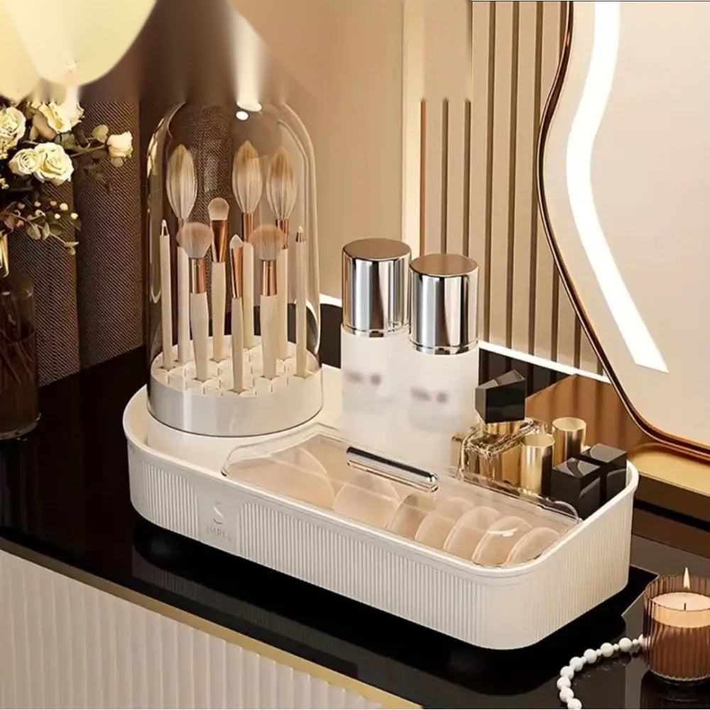 Elegant Makeup Organizer with Brush Holder – Dustproof Cosmetic Storage Box with Maker Brush Cleaner