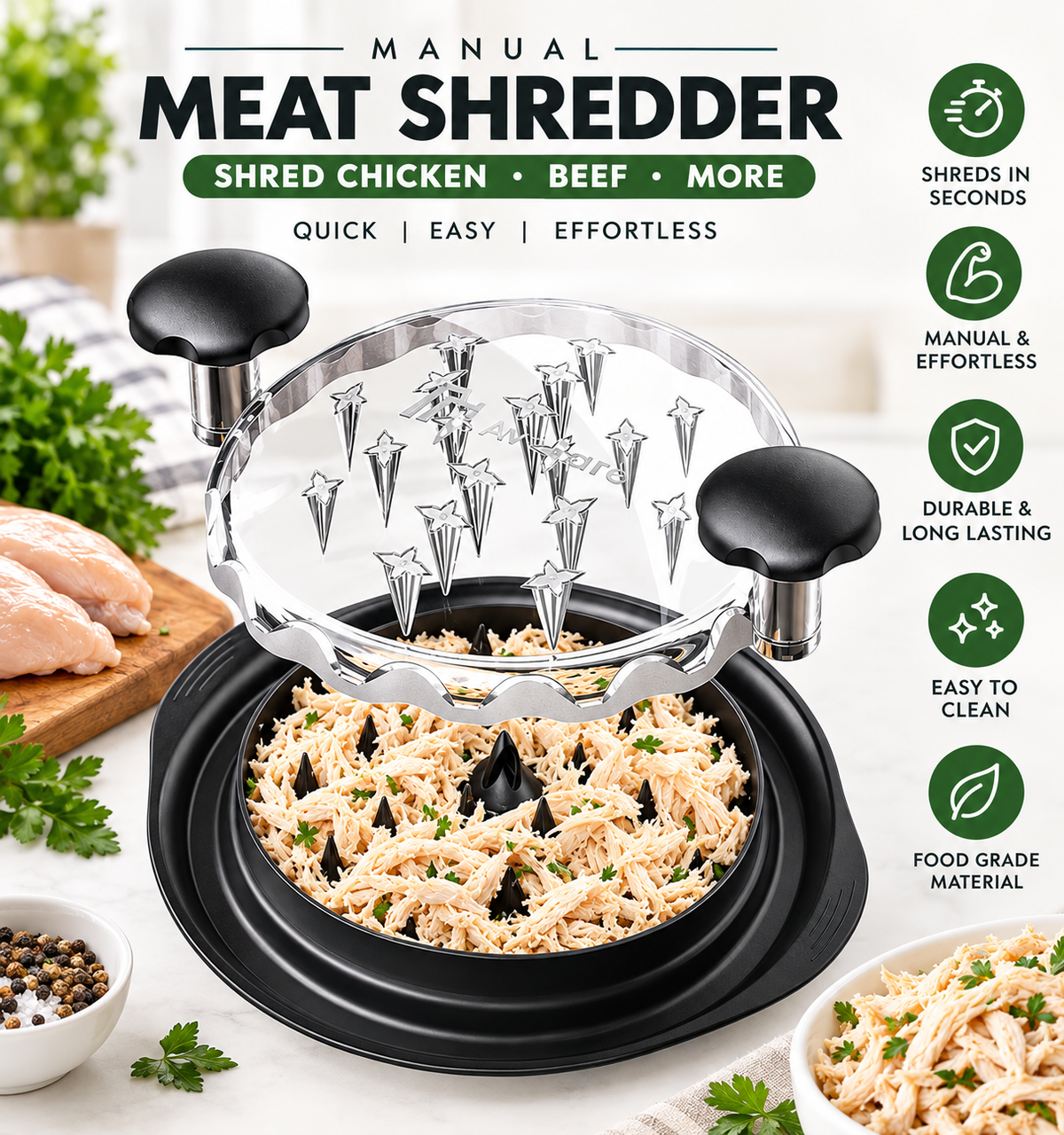 Manual Chicken & Meat Shredder – Fast Chicken & Beef Shredding Tool with Sharp Claws