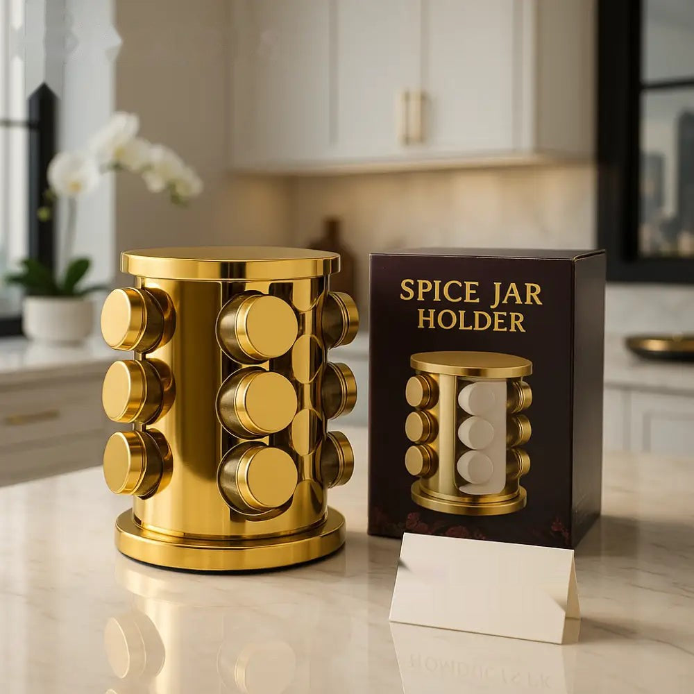 Luxury 12-Piece Spice Jar Set with Golden Rotating Organizer – 90ml