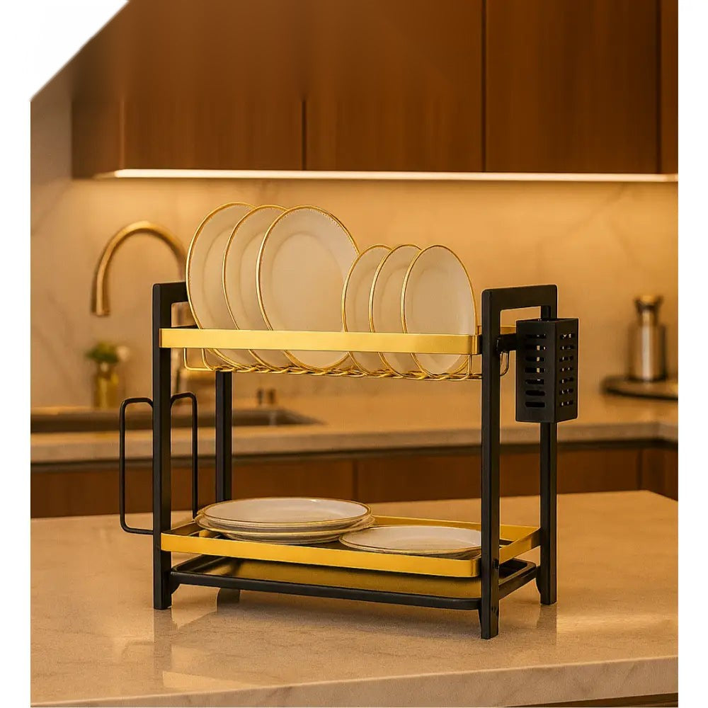 Luxury 2-Tier Dish Rack with Gold Accents – Modern Countertop Plate Organizer