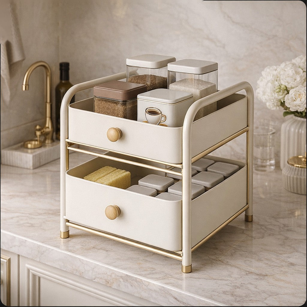 Luxury 2-Tier Kitchen Counter Organizer with Drawers – Premium Metal Storage Rack for Spices, Coffee & Essentials