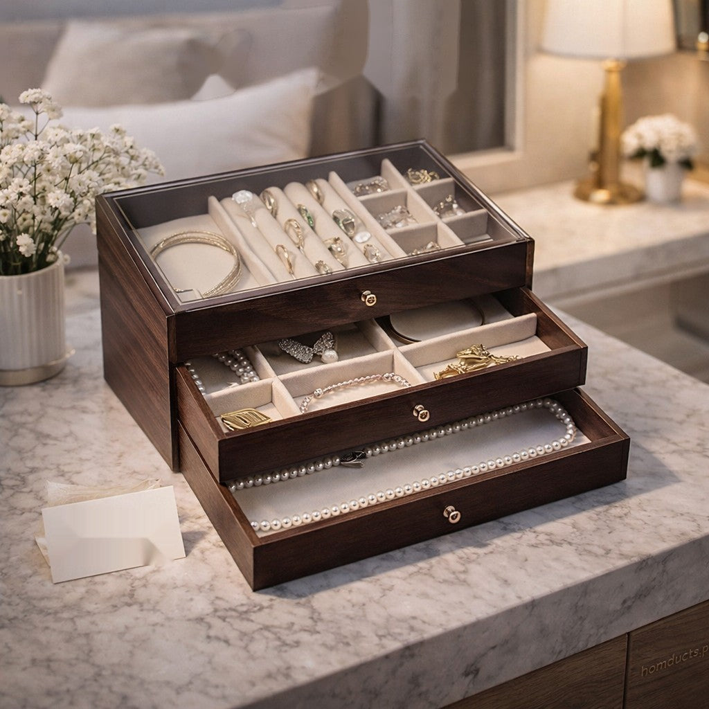 Luxury 3-Layer Wooden Jewelry Organizer Box with Glass Display & Velvet Compartments
