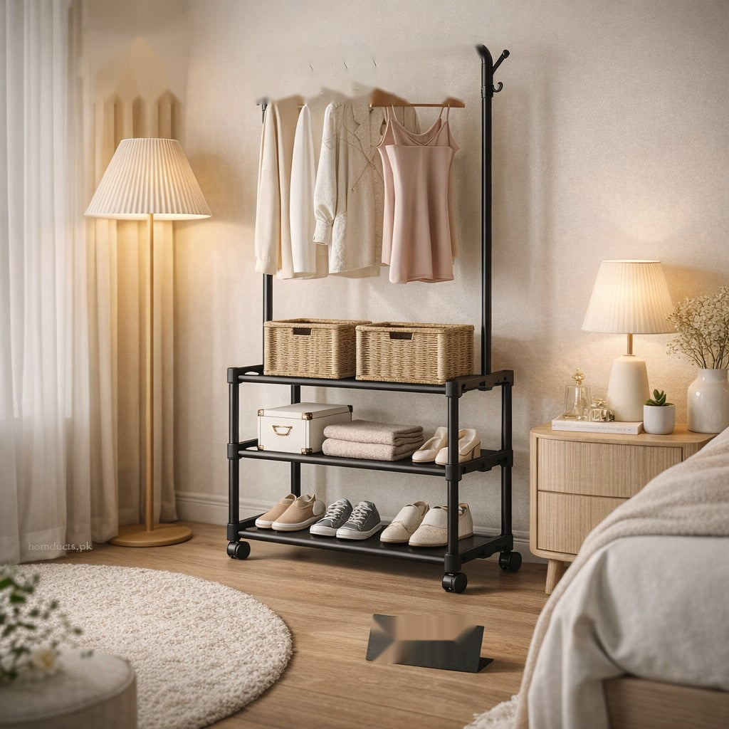 Luxury 3-Tier Storage Rack with Hanging Coat Stand & Shoe Organizer
