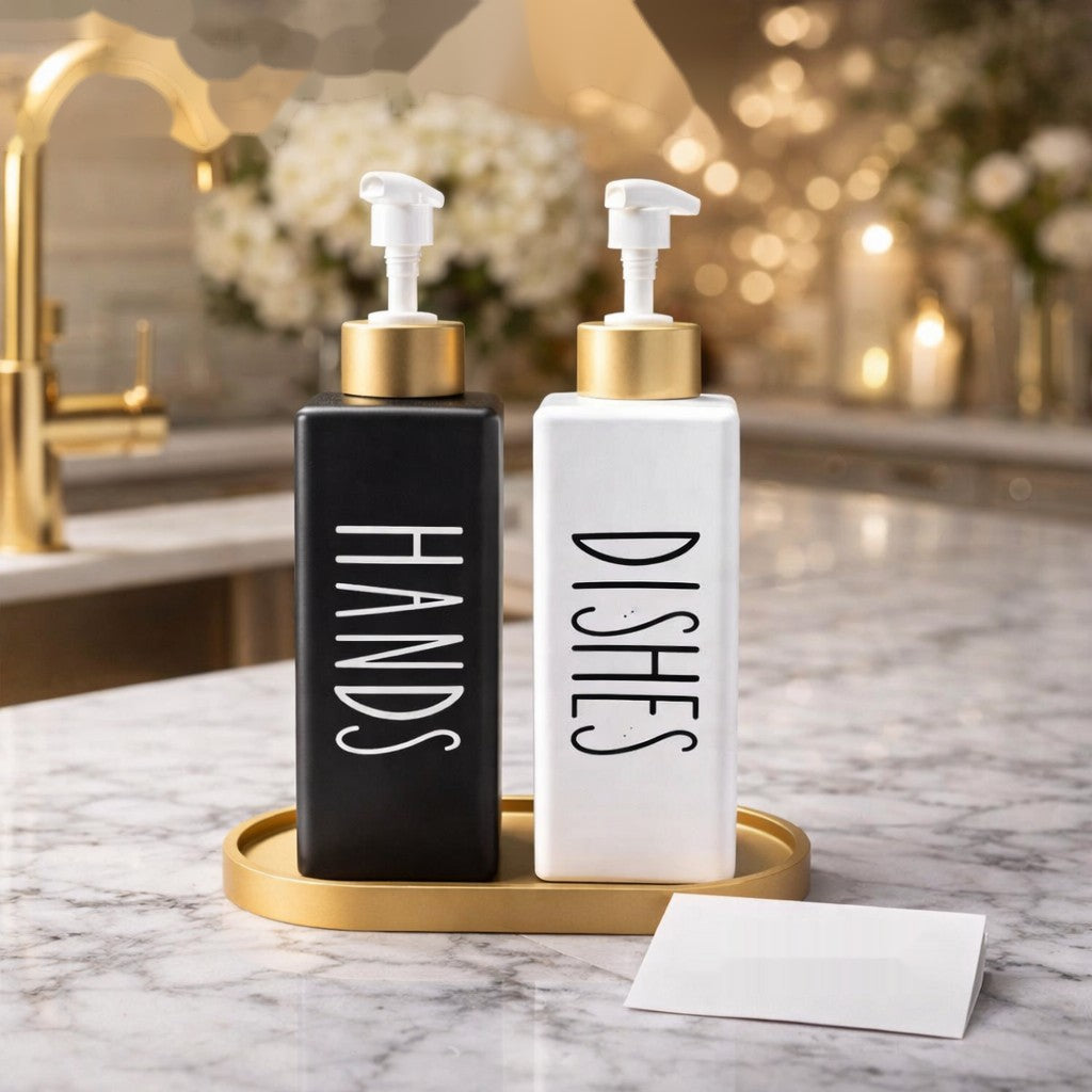 Luxury Black & White Soap Dispenser Set with Gold Tray | Hand & Dish Liquid Pump Bottles – Premium Kitchen & Bathroom Decor