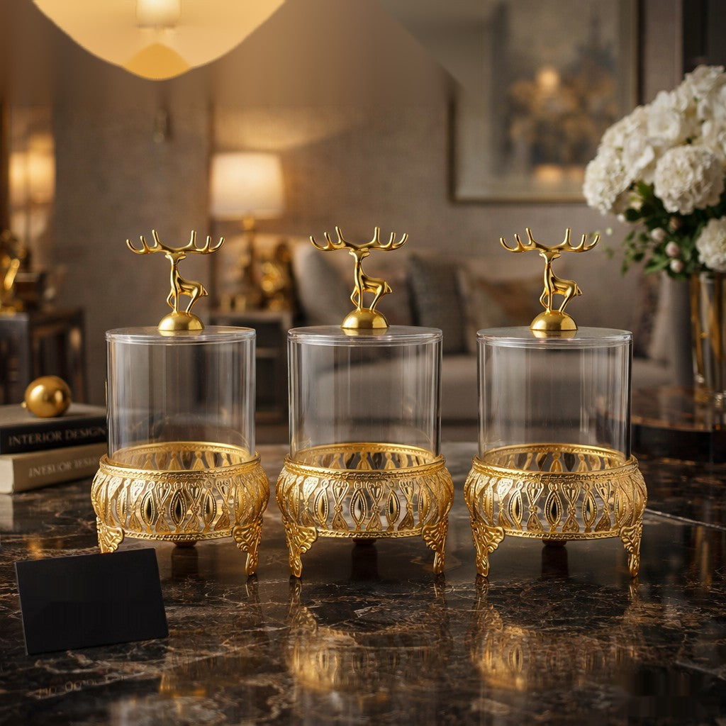 Luxury Crystal Storage Jar Set with Decorative Deer Lid – 3 Pcs Elegant Organizer