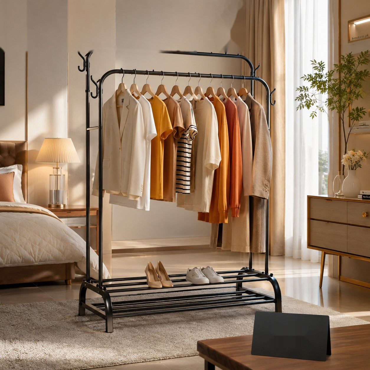 Luxury Double Rail Garment Rack with Bottom Shoe Storage Shelf – Heavy Duty Modern Clothes Hanging Stand for Bedroom, Dressing Room & Laundry Organization