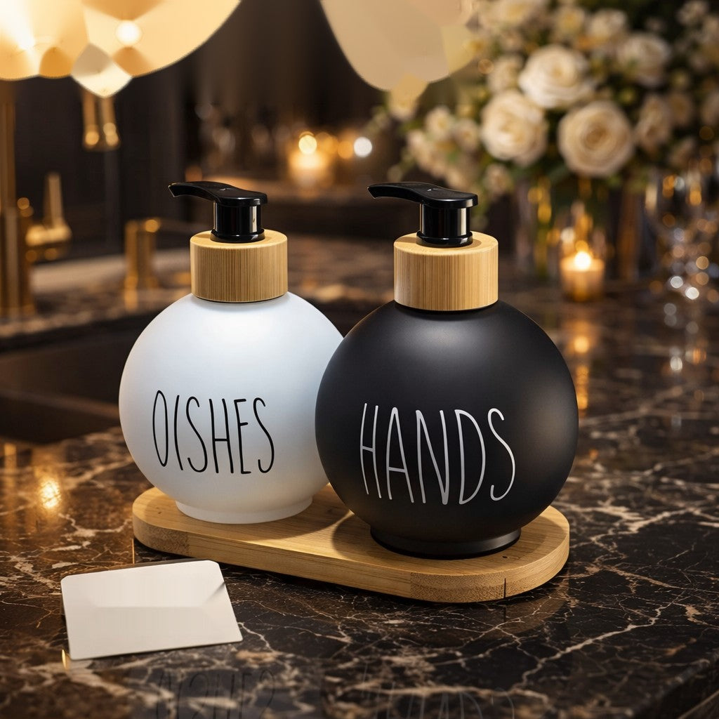 Luxury Dual Soap & Dish Liquid Dispenser Set with Wooden Tray | Modern Kitchen & Sink Organizer